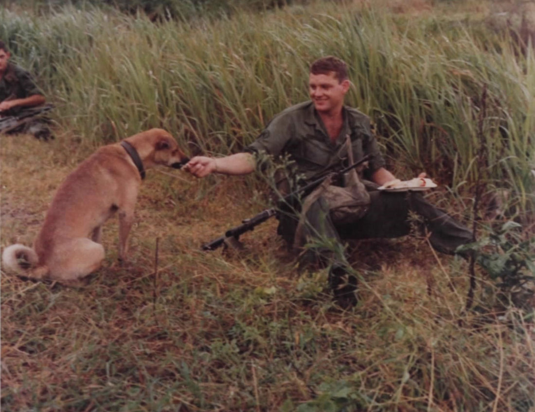 A soldier sharing his Thanksgiving dinner with a dog