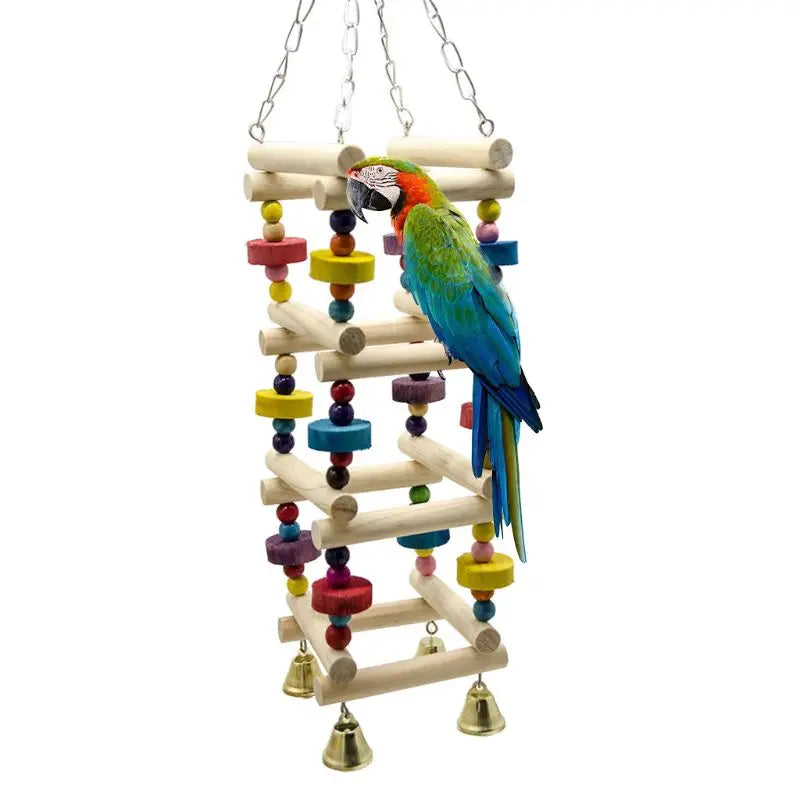 Parrot Swing Ladder — Colorful Wooden Perch with Bell