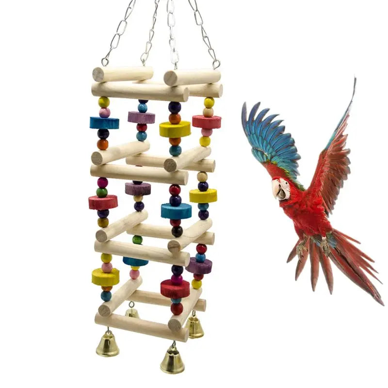 Parrot Swing Ladder — Colorful Wooden Perch with Bell
