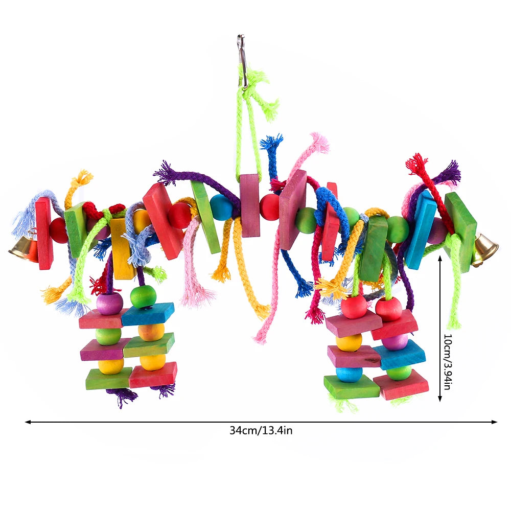 Parrot Chew Foraging Toy — Colorful Wood & Cotton Rope Hanging Swing