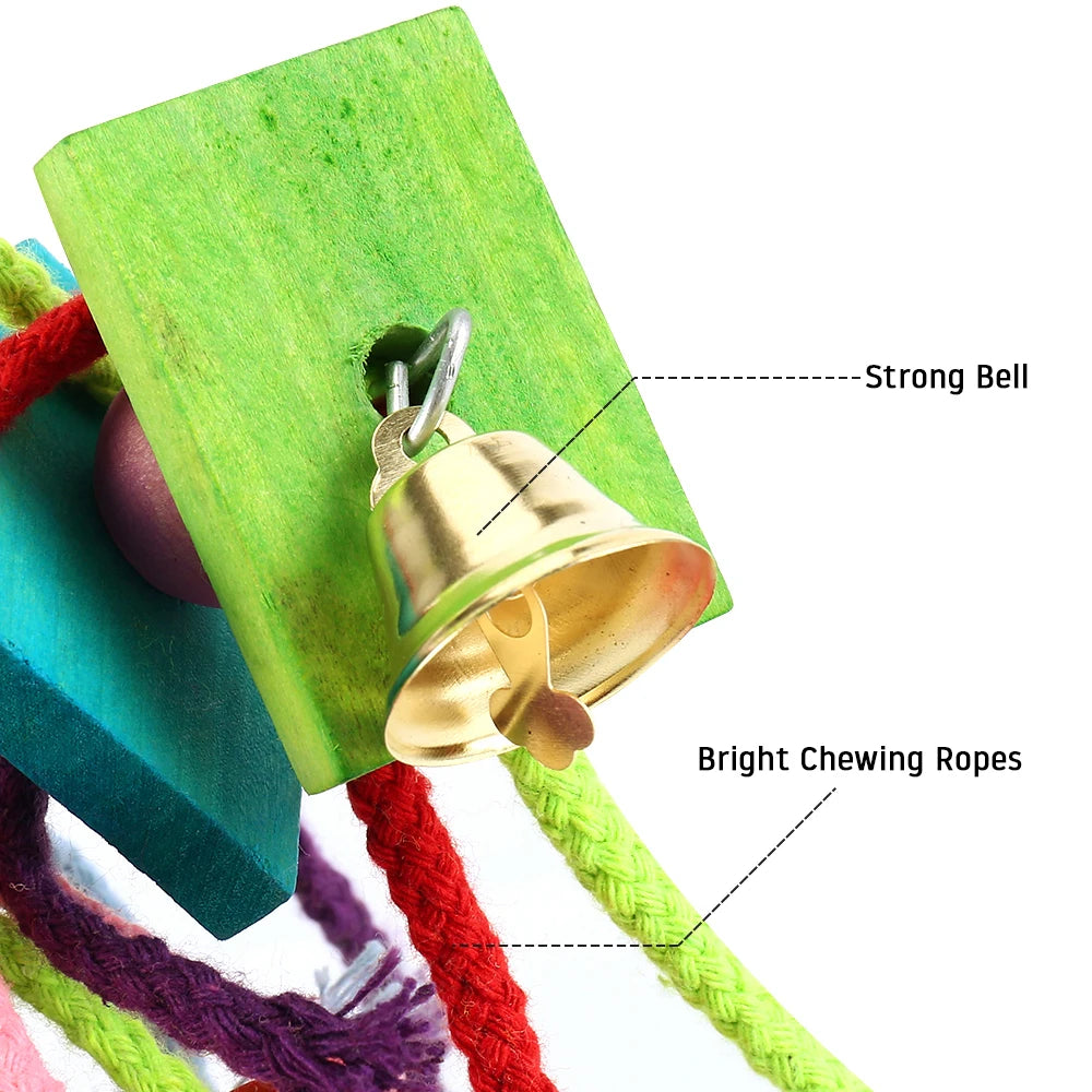 Parrot Chew Foraging Toy — Colorful Wood & Cotton Rope Hanging Swing