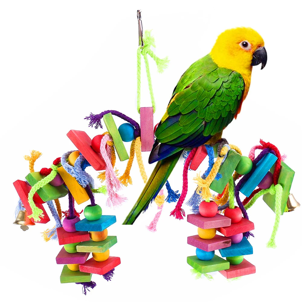 Parrot Chew Foraging Toy — Colorful Wood & Cotton Rope Hanging Swing