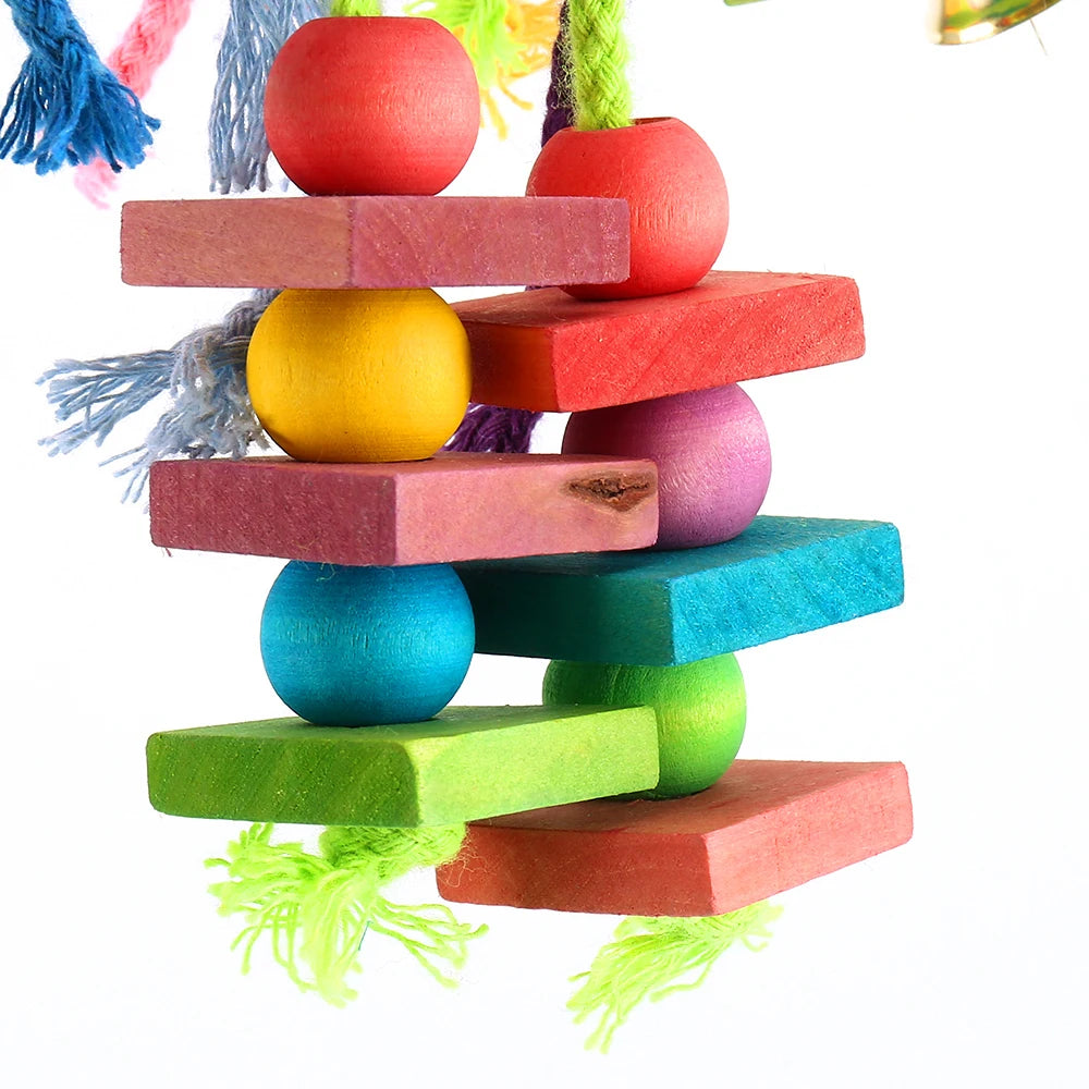 Parrot Chew Foraging Toy — Colorful Wood & Cotton Rope Hanging Swing