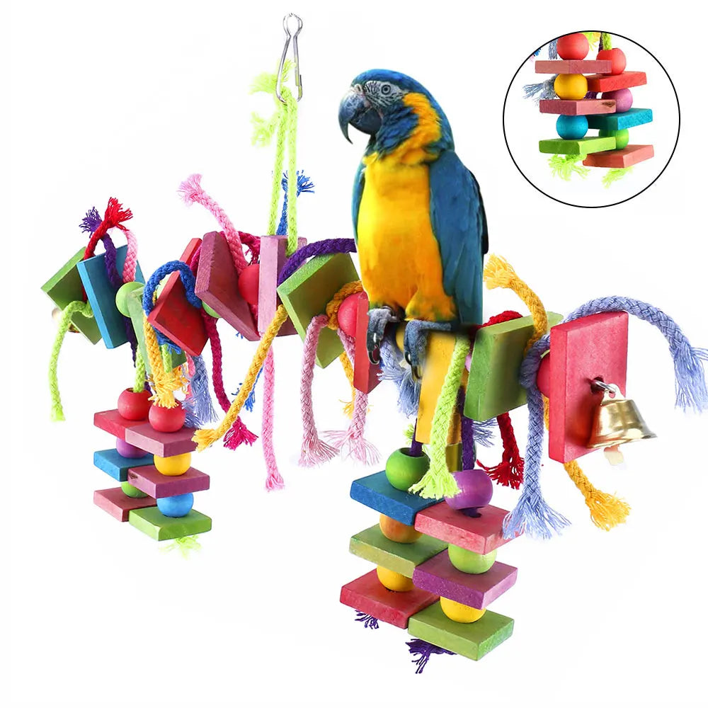 Parrot Chew Foraging Toy — Colorful Wood & Cotton Rope Hanging Swing