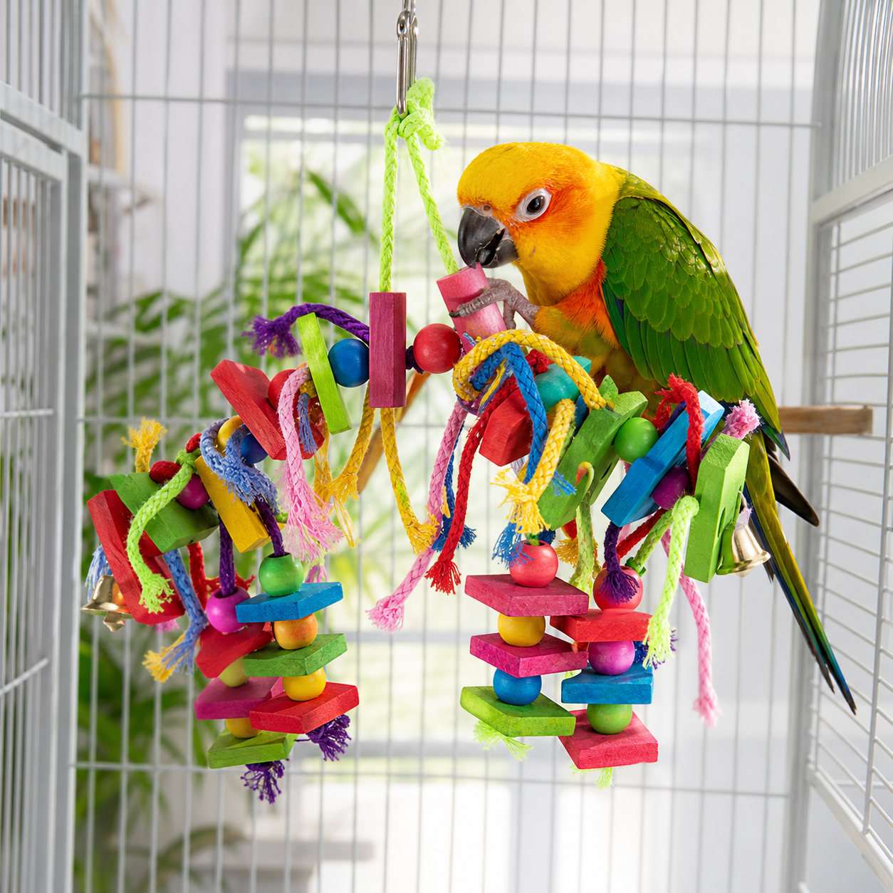 Parrot Chew Foraging Toy — Colorful Wood & Cotton Rope Hanging Swing