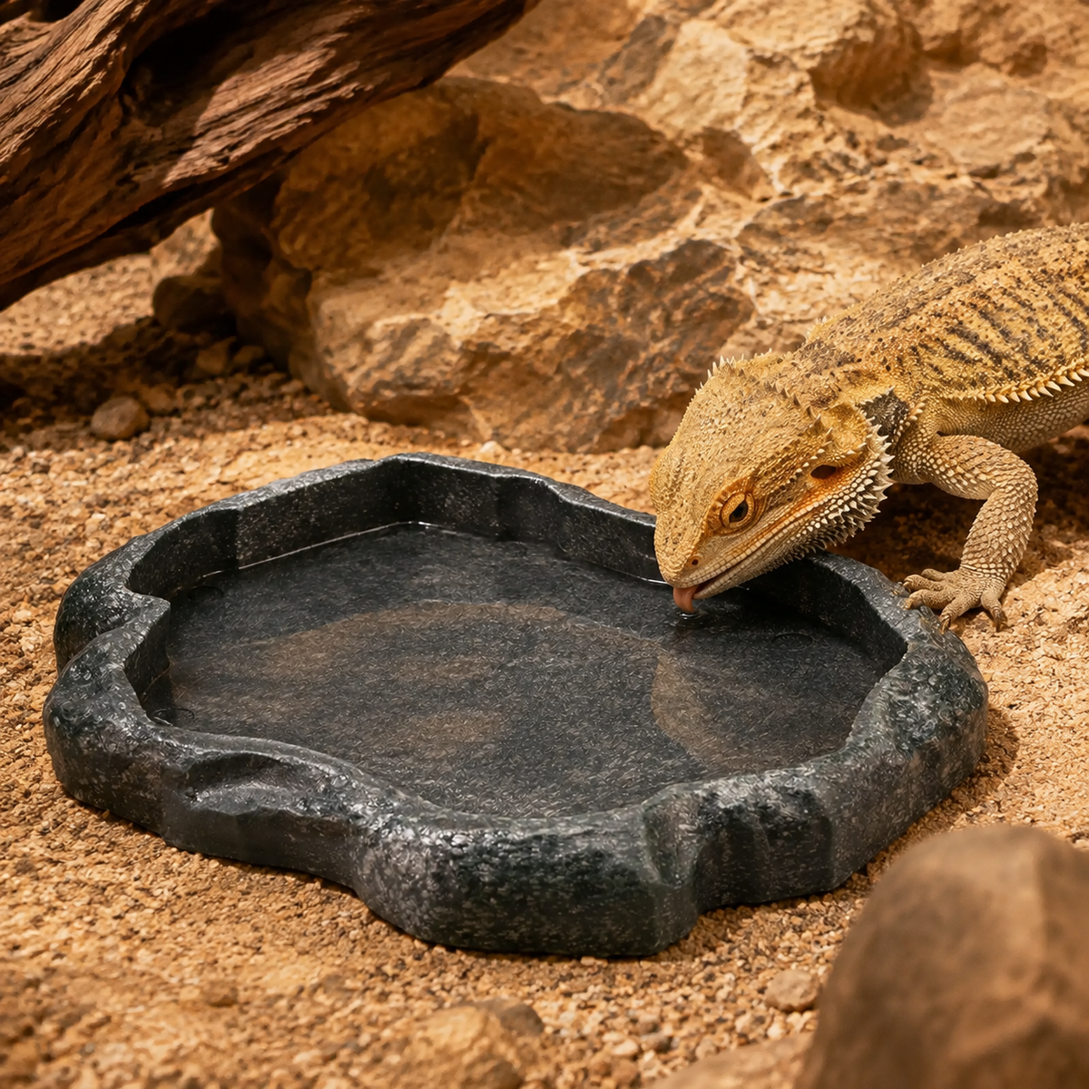 Reptile Rock Water Dish — dark charcoal resin rock dish with bearded dragon
